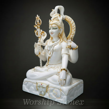 White Marble Meditating Shiva Statue with Elegant Gold Detailing