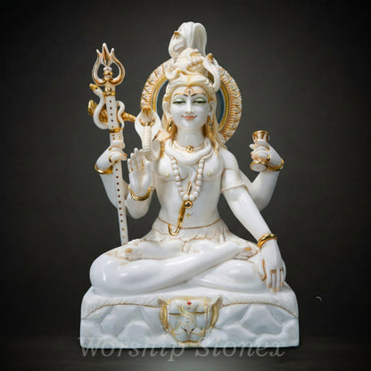 White Marble Meditating Shiva Statue with Elegant Gold Detailing