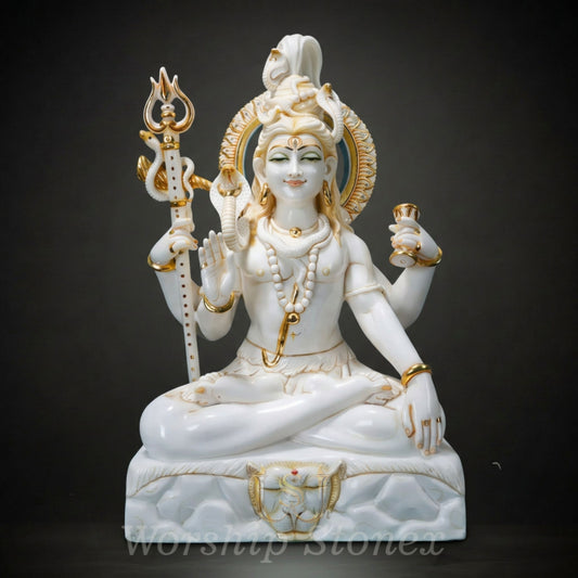 White Marble Meditating Shiva Statue with Elegant Gold Detailing
