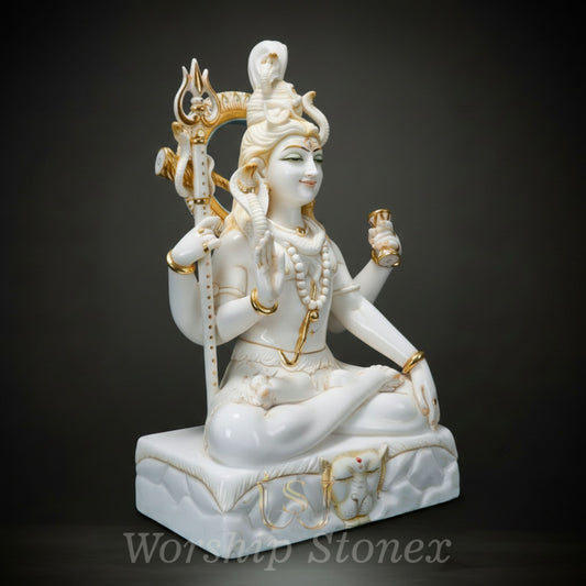 White Marble Meditating Shiva Statue with Elegant Gold Detailing