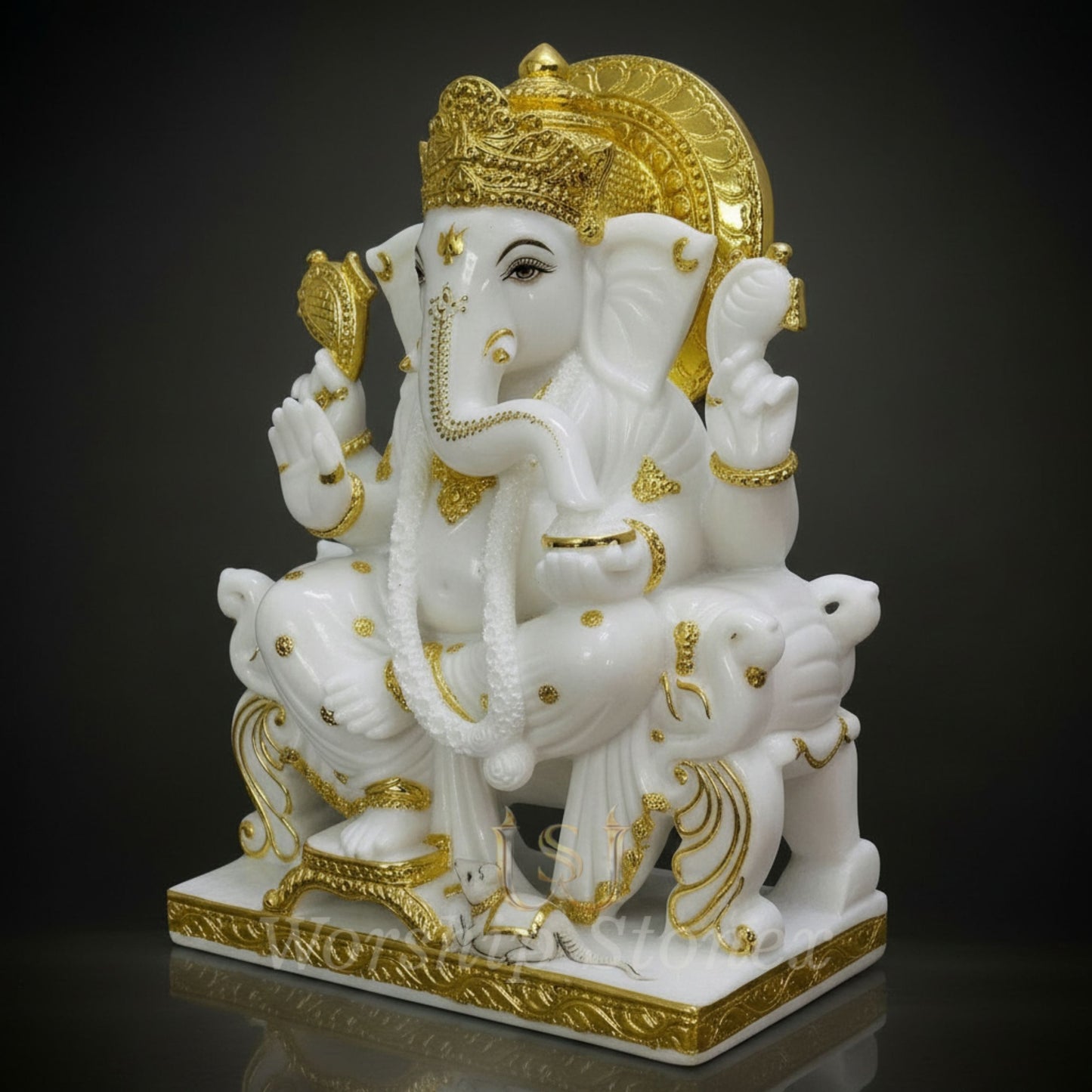 White Marble Finish Lord Ganesha Idol with Golden Detailing – Decorative Ganpati Statue for Home, Office & Temple