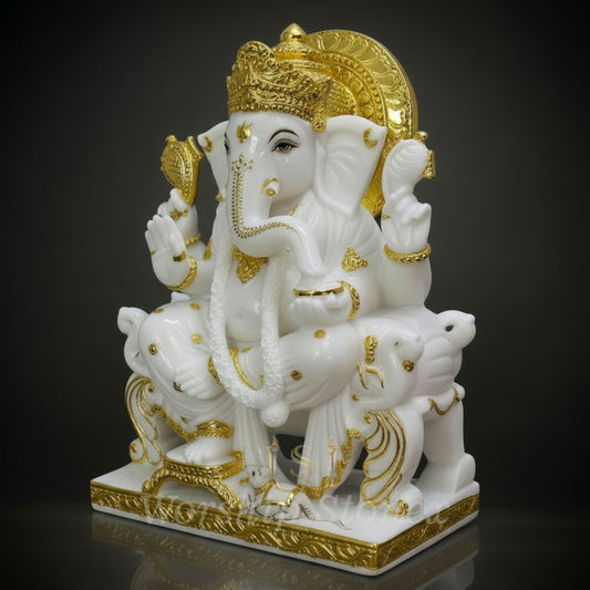 White Marble Finish Lord Ganesha Idol with Golden Detailing – Decorative Ganpati Statue for Home, Office & Temple