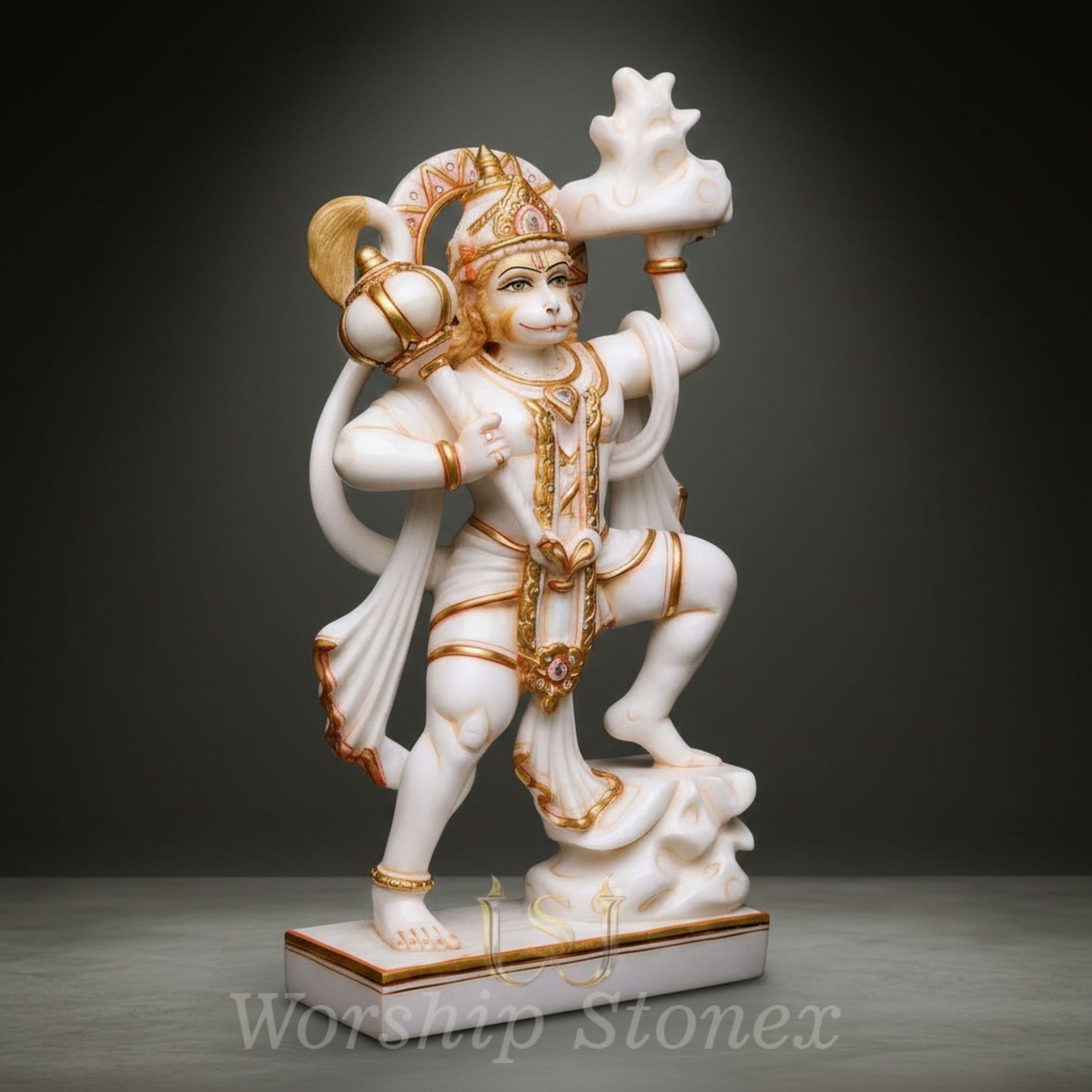White Marble Lord Hanuman Statue with Gold Embellished Divine Detailing