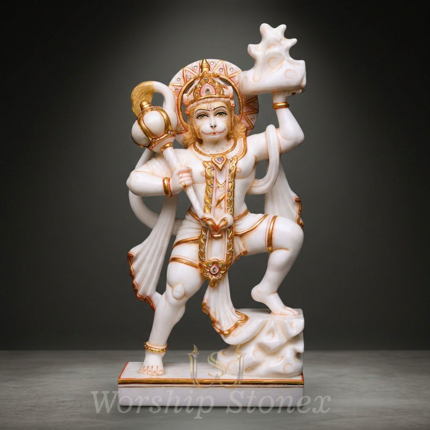 White Marble Lord Hanuman Statue with Gold Embellished Divine Detailing
