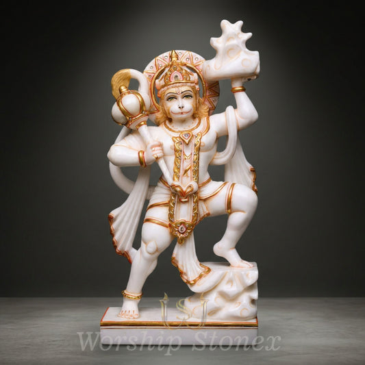 White Marble Lord Hanuman Statue with Gold Embellished Divine Detailing