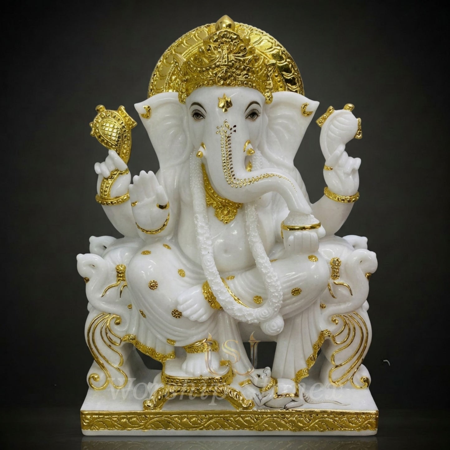 White Marble Finish Lord Ganesha Idol with Golden Detailing – Decorative Ganpati Statue for Home, Office & Temple
