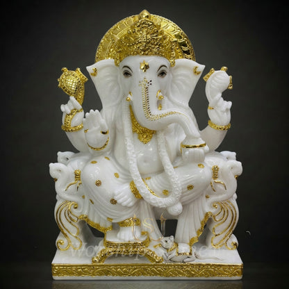 White Marble Finish Lord Ganesha Idol with Golden Detailing – Decorative Ganpati Statue for Home, Office & Temple
