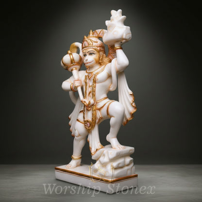 White Marble Lord Hanuman Statue with Gold Embellished Divine Detailing