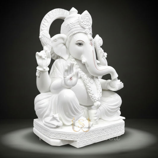 Elegant White Lord Ganesha Idol – Marble Finish Ganpati Statue for Home Décor & Temple