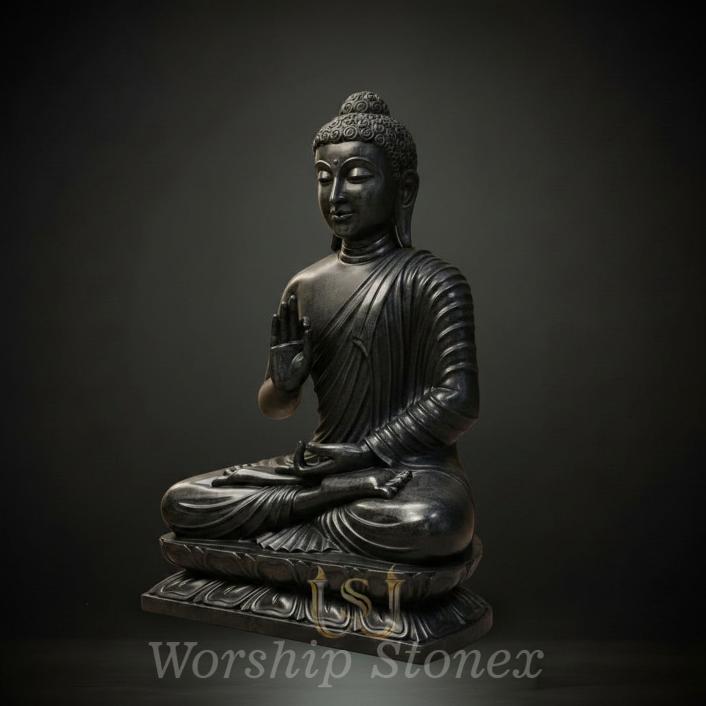 Hand-Carved Black Stone Meditating Buddha Statue (Abhaya Mudra)