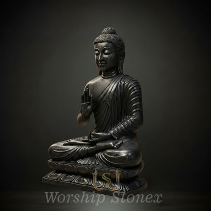 Hand-Carved Black Stone Meditating Buddha Statue (Abhaya Mudra)