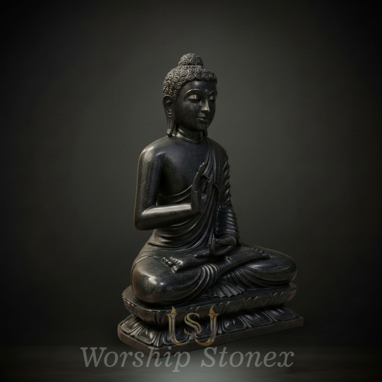 Hand-Carved Black Stone Meditating Buddha Statue (Abhaya Mudra)
