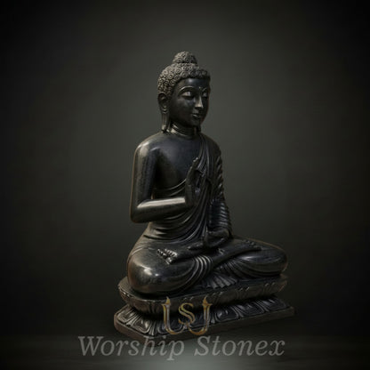 Hand-Carved Black Stone Meditating Buddha Statue (Abhaya Mudra)