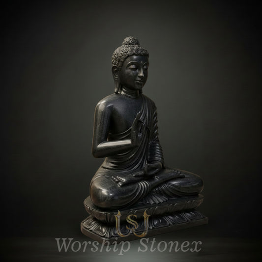 Hand-Carved Black Stone Meditating Buddha Statue (Abhaya Mudra)