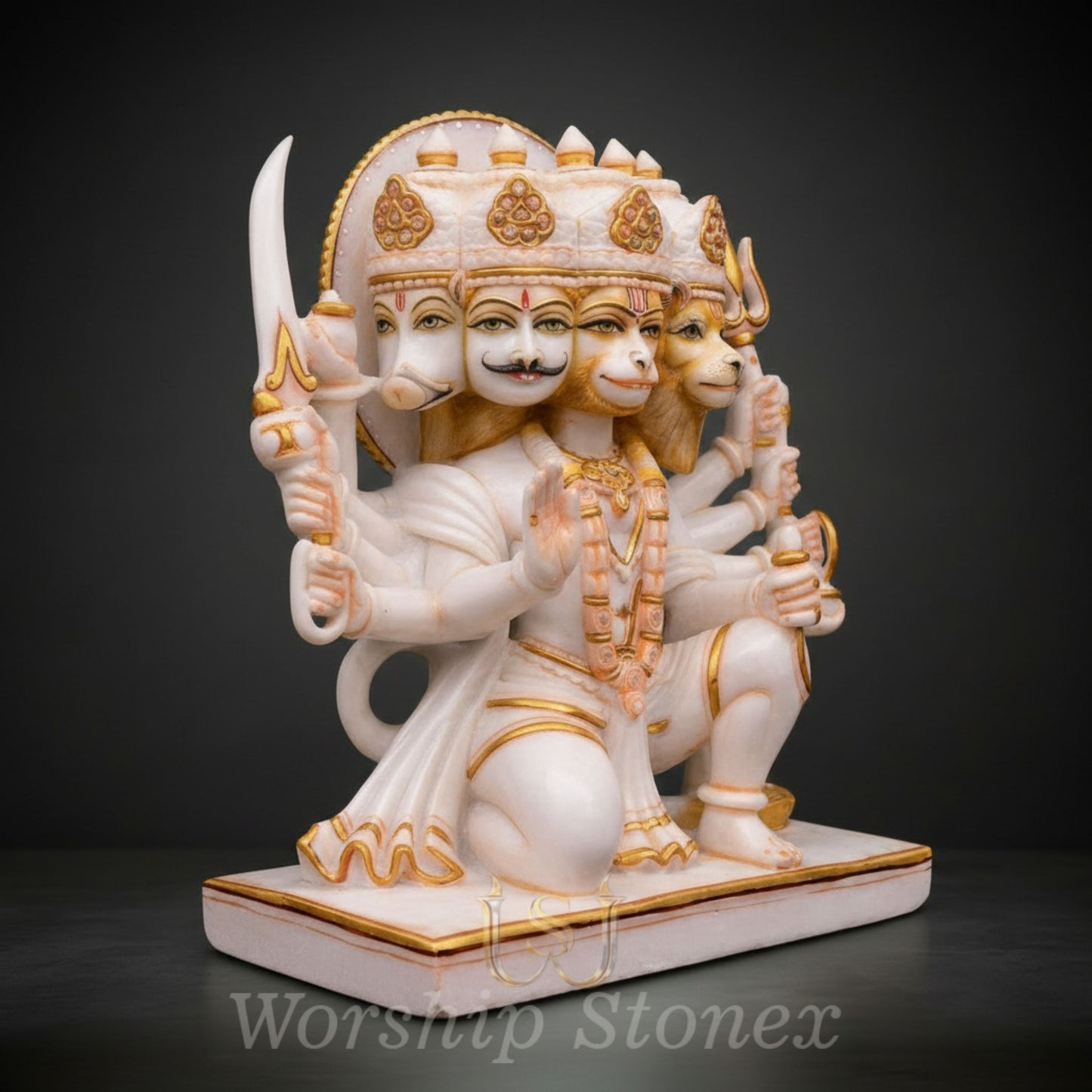 White Marble Panchmukhi Hanuman Statue with Divine Gold Handcrafted Detailing