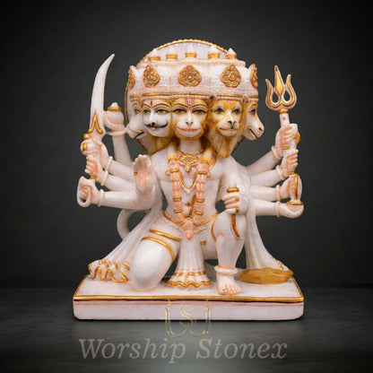 White Marble Panchmukhi Hanuman Statue with Divine Gold Handcrafted Detailing
