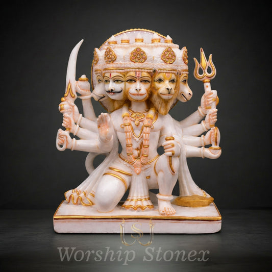 White Marble Panchmukhi Hanuman Statue with Divine Gold Handcrafted Detailing