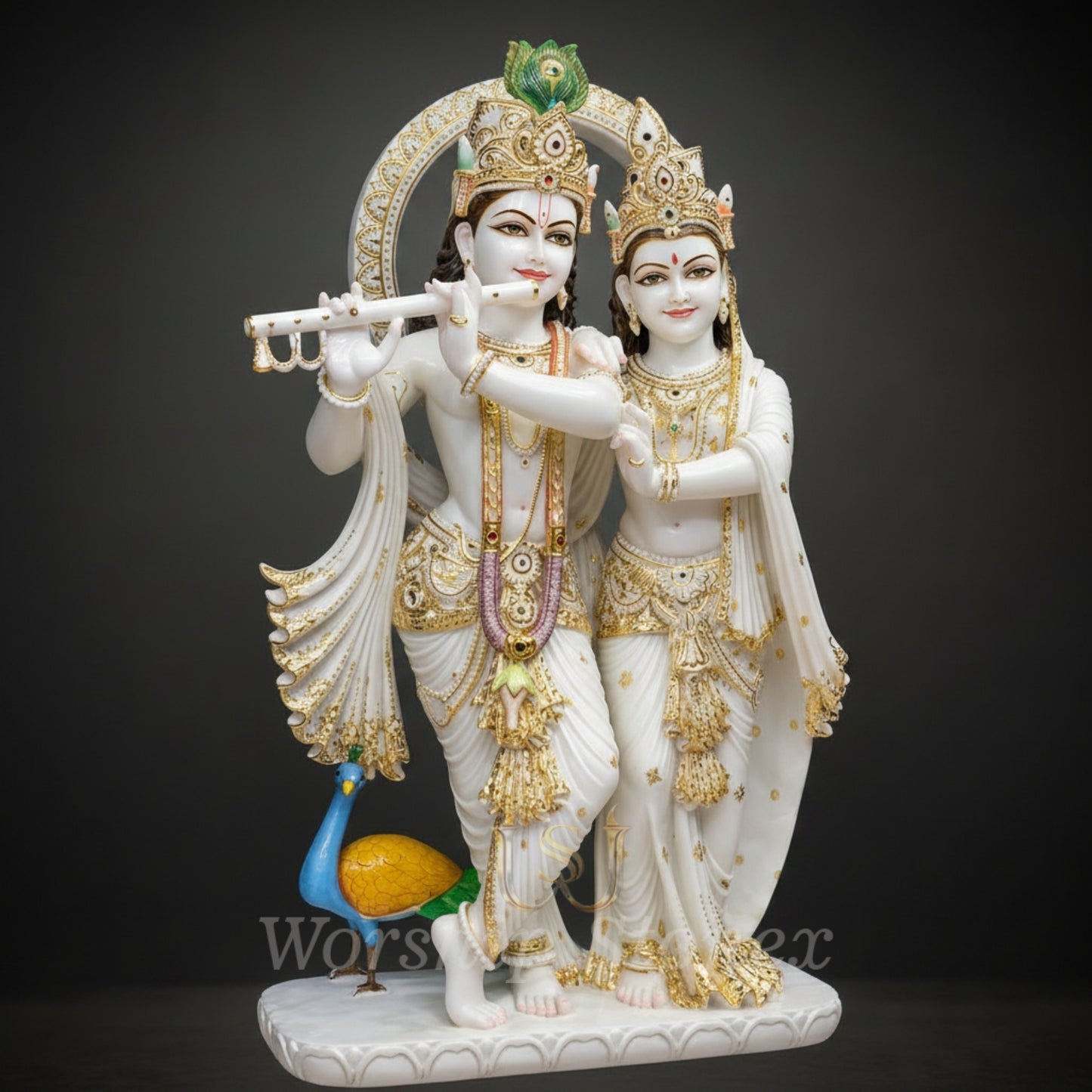 Handcrafted Marble Radha Krishna Statue (White, Gold & Color Accents)