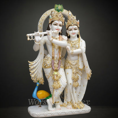 Handcrafted Marble Radha Krishna Statue (White, Gold & Color Accents)