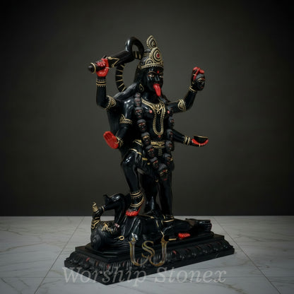 Hand-Carved Black Marble Maa Kali Statue with Gold and Red Highlights
