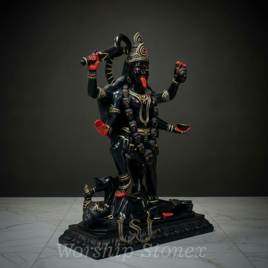 Hand-Carved Black Marble Maa Kali Statue with Gold and Red Highlights