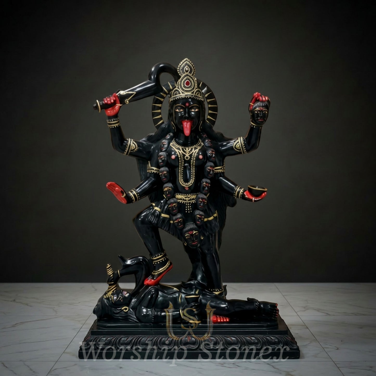 Hand-Carved Black Marble Maa Kali Statue with Gold and Red Highlights