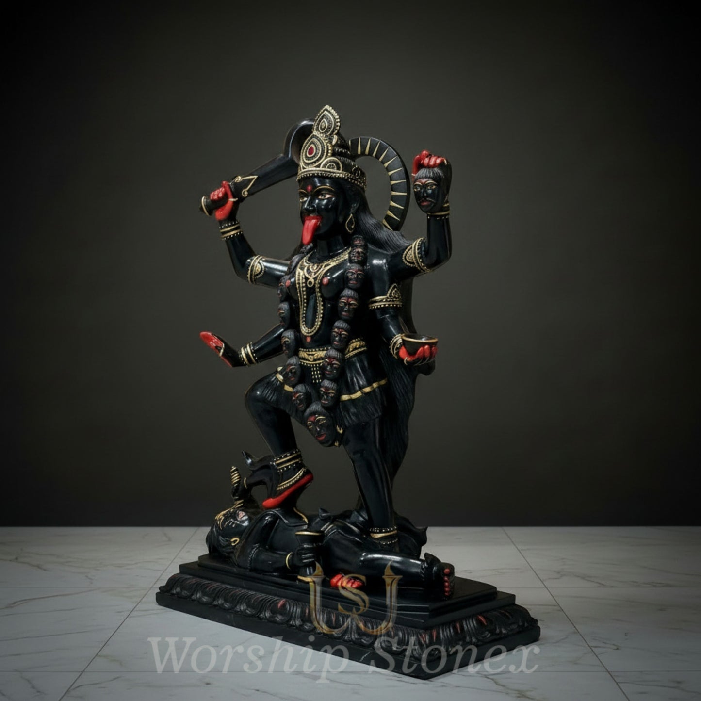 Hand-Carved Black Marble Maa Kali Statue with Gold and Red Highlights