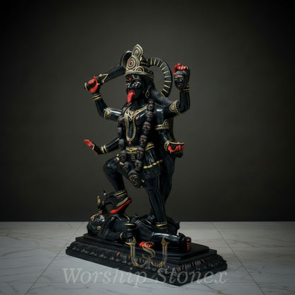 Hand-Carved Black Marble Maa Kali Statue with Gold and Red Highlights
