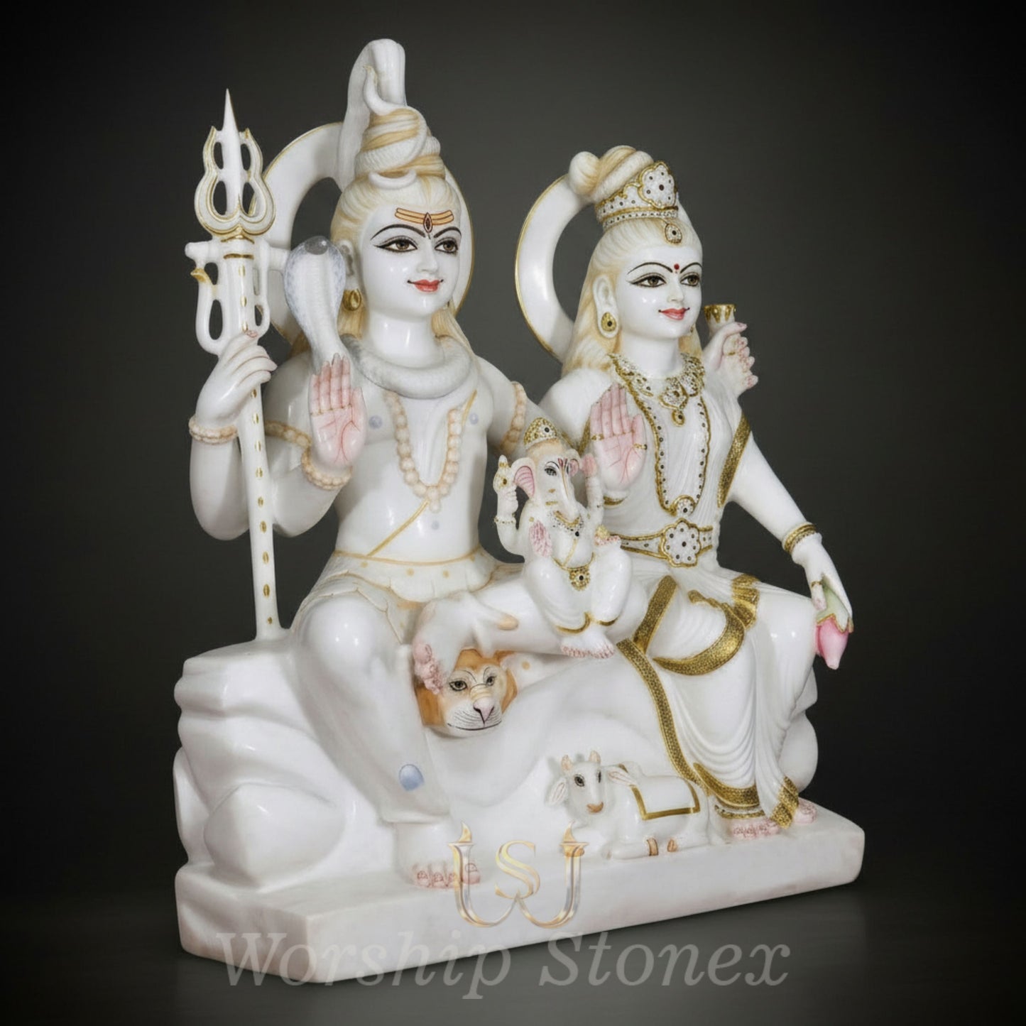 White Marble Lord Shiva Parvati Ganesha Statue with Divine Golden Accents
