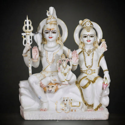 White Marble Lord Shiva Parvati Ganesha Statue with Divine Golden Accents