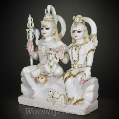 White Marble Lord Shiva Parvati Ganesha Statue with Divine Golden Accents