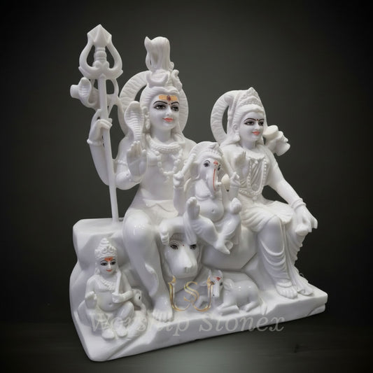 White Marble Shiv Parivar Statue with Intricate Handcrafted Detailing