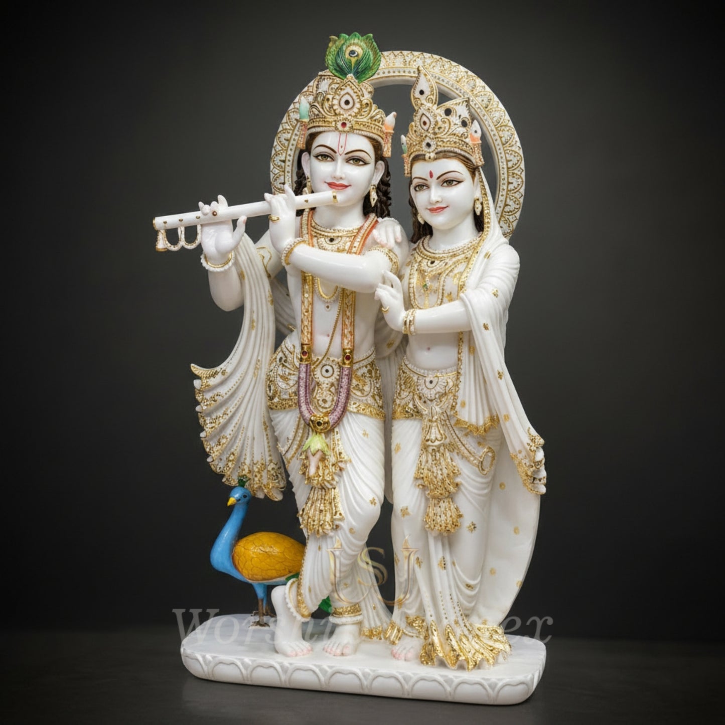 Handcrafted Marble Radha Krishna Statue (White, Gold & Color Accents)