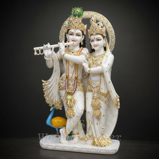Handcrafted Marble Radha Krishna Statue (White, Gold & Color Accents)