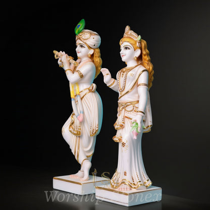 Premium Iskcon Style White Marble Radha Krishna Statue Set – Divine Standing Idols with Golden Highlights