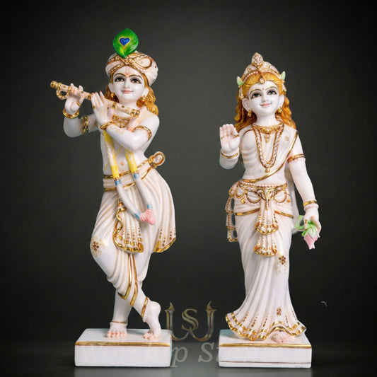 Premium Iskcon Style White Marble Radha Krishna Statue Set – Divine Standing Idols with Golden Highlights