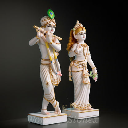 Premium Iskcon Style White Marble Radha Krishna Statue Set – Divine Standing Idols with Golden Highlights