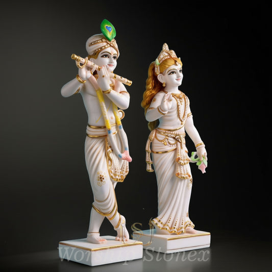 Premium Iskcon Style White Marble Radha Krishna Statue Set – Divine Standing Idols with Golden Highlights