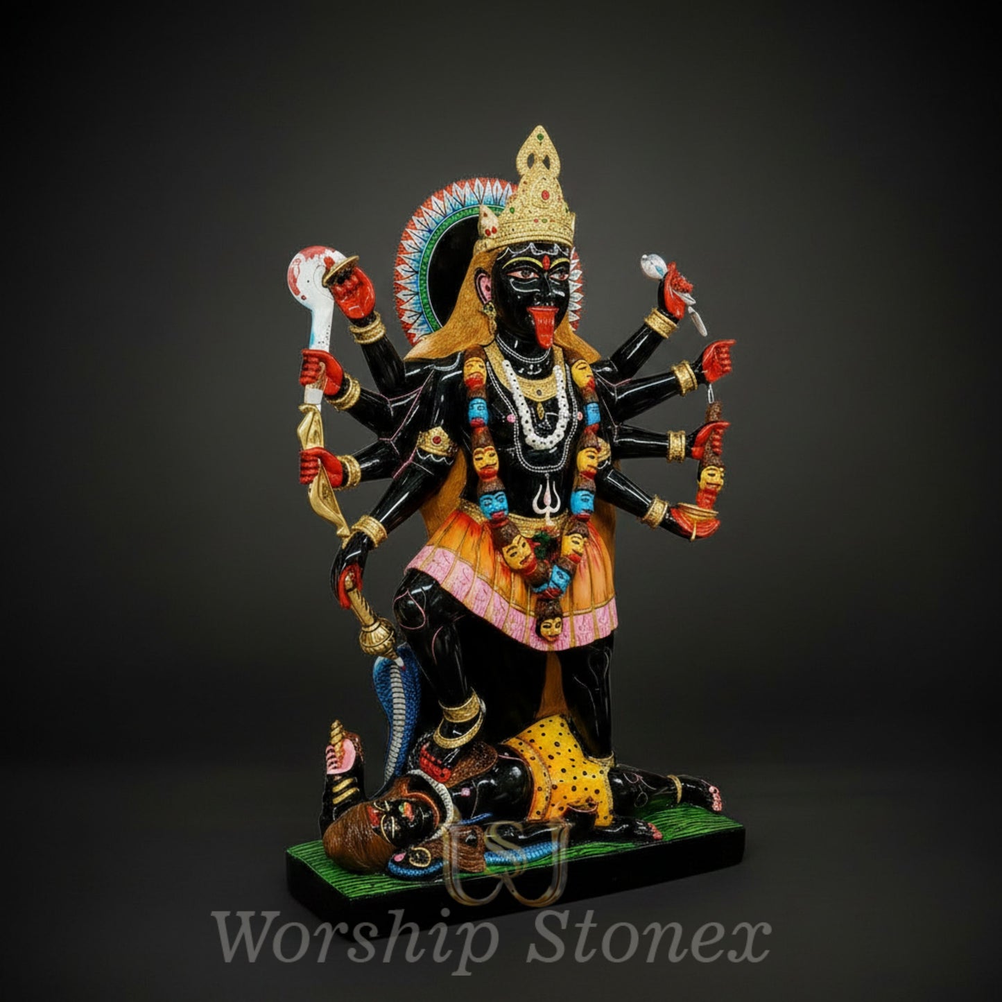 Vibrant Hand-Painted Black Marble Maha Kali Statue (Dashamukhi / 10-Armed)