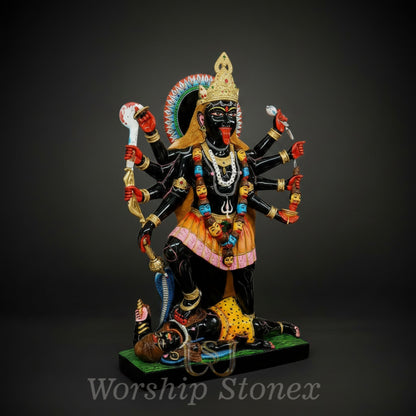 Vibrant Hand-Painted Black Marble Maha Kali Statue (Dashamukhi / 10-Armed)