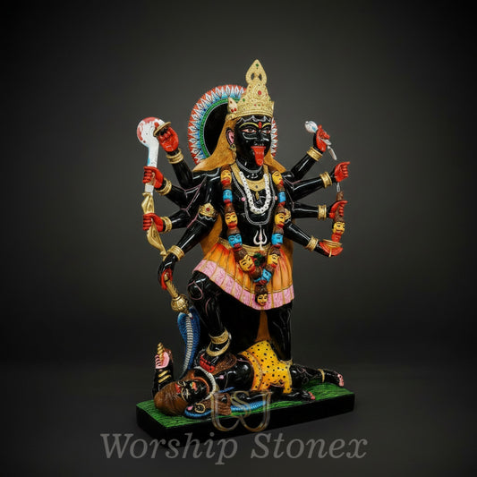 Vibrant Hand-Painted Black Marble Maha Kali Statue (Dashamukhi / 10-Armed)