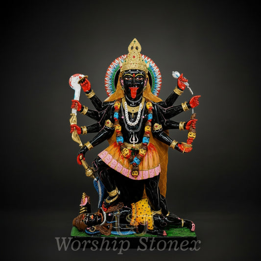 Vibrant Hand-Painted Black Marble Maha Kali Statue (Dashamukhi / 10-Armed)