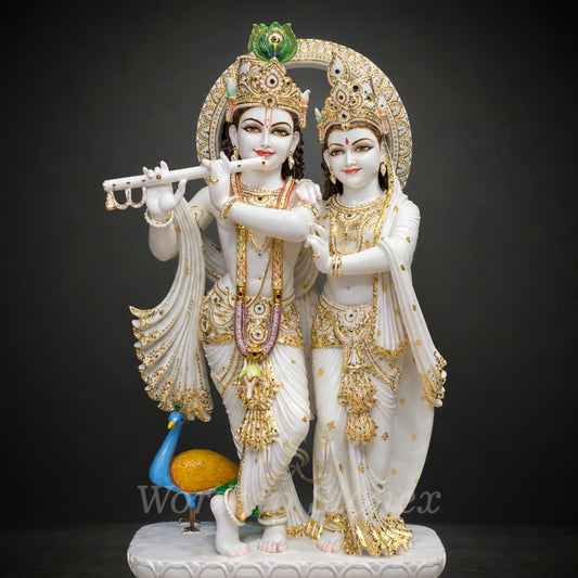 Handcrafted Marble Radha Krishna Statue (White, Gold & Color Accents)
