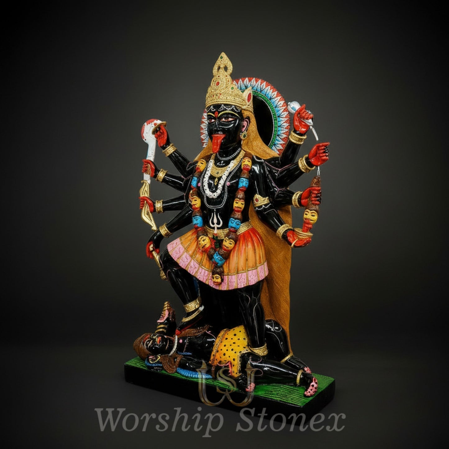 Vibrant Hand-Painted Black Marble Maha Kali Statue (Dashamukhi / 10-Armed)