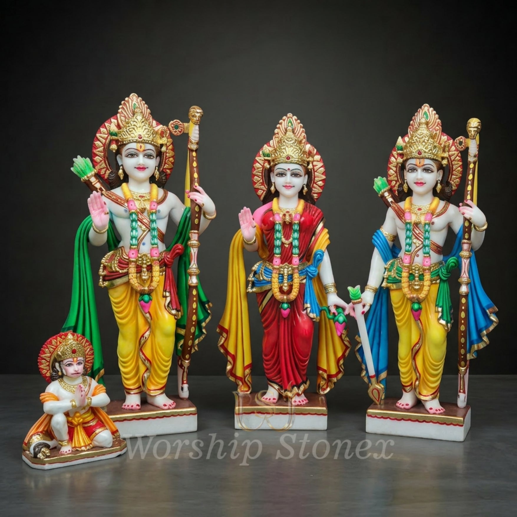 Handcrafted Marble Ram Darbar Idol Set – Lord Ram, Sita, Lakshman & Hanuman Statue