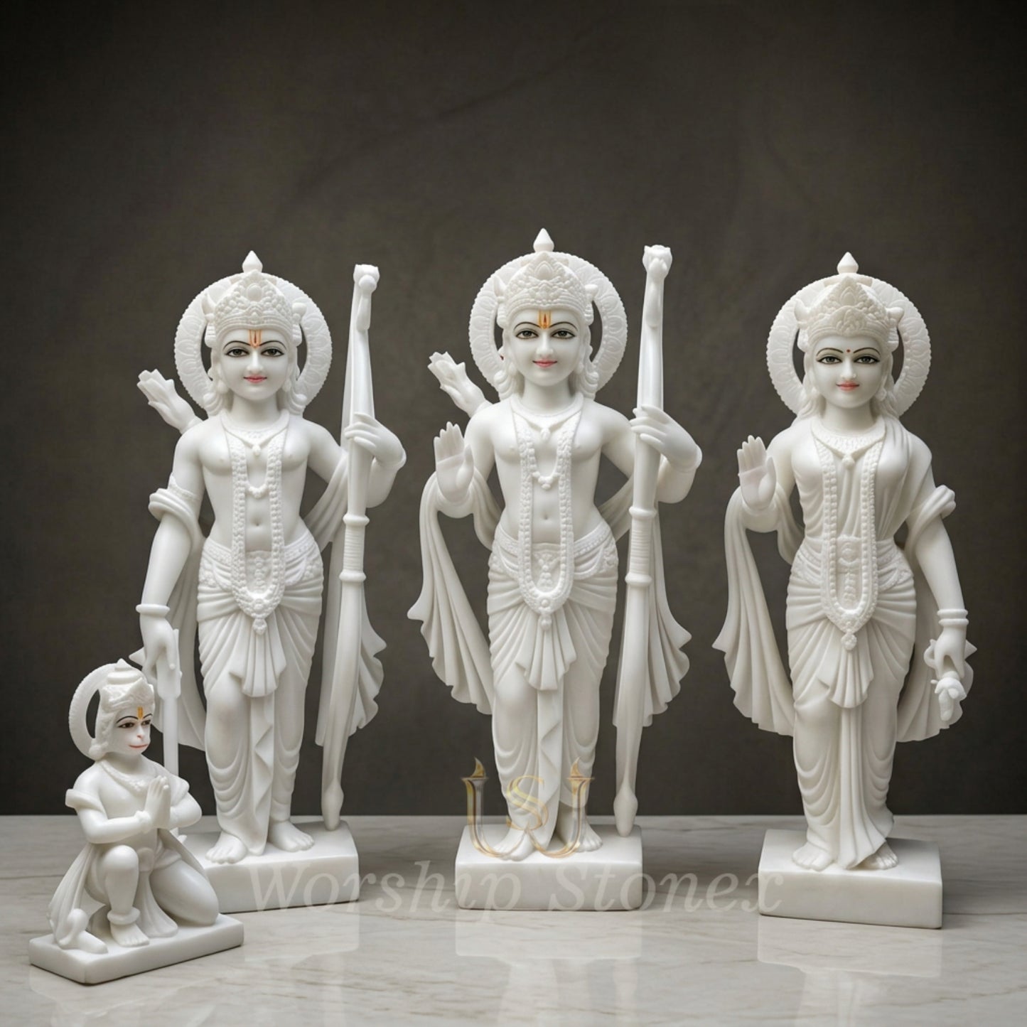 Handcrafted White Marble Ram Darbar Idol Set – Lord Ram, Lakshman, Sita & Hanuman Murti