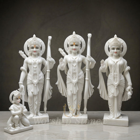 Handcrafted White Marble Ram Darbar Idol Set – Lord Ram, Lakshman, Sita & Hanuman Murti
