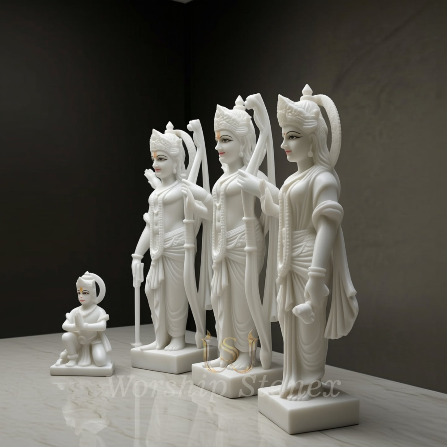 Handcrafted White Marble Ram Darbar Idol Set – Lord Ram, Lakshman, Sita & Hanuman Murti