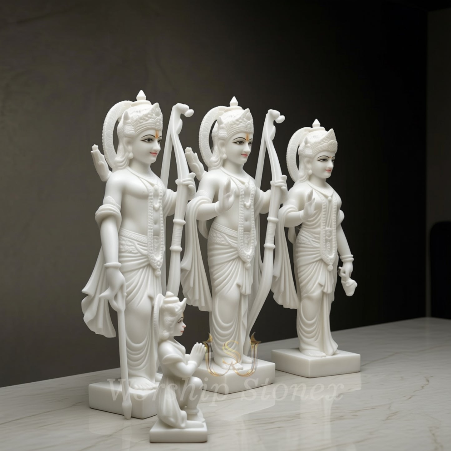 Handcrafted White Marble Ram Darbar Idol Set – Lord Ram, Lakshman, Sita & Hanuman Murti