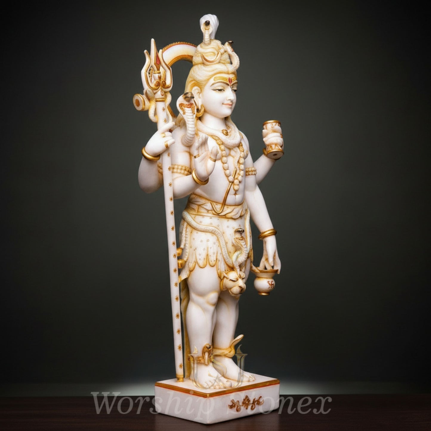 White Marble Standing Shiva Statue with Golden Handcrafted Detailing